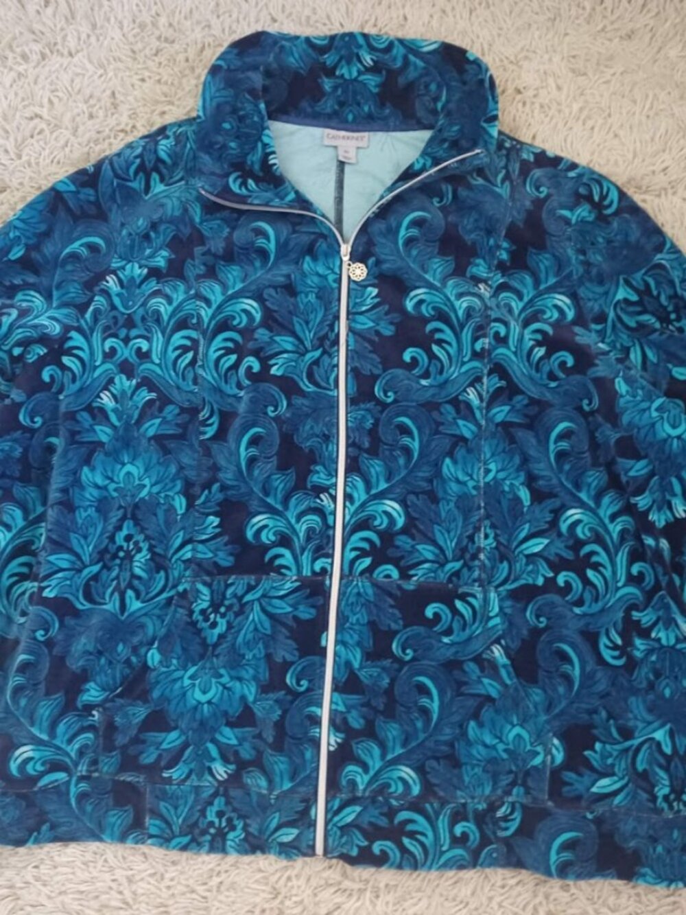 Catherines Womens 4X Blue Scroll Print Full Zip Jacket Cotton Blend Pockets